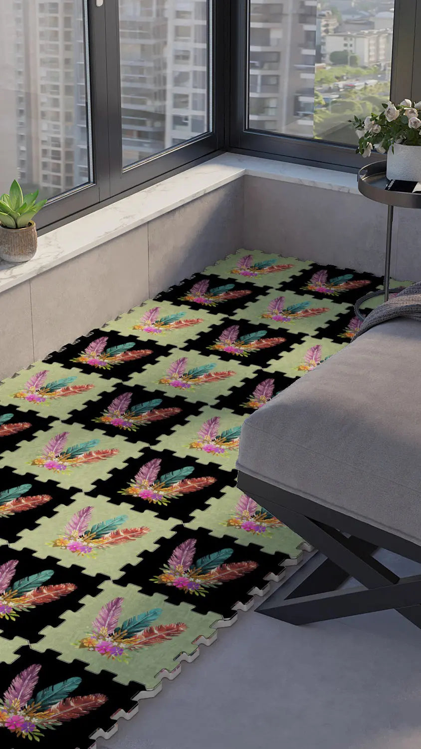 🪶 DECOZEYN Dama Desenli Çok Renkli Tüy Motifi Baskılı Puzzle Yapboz Zemin Halısı! Siyah, Yeşil ve Fuşya Mutfak, Balkon ve Oturma Odası Decozeyn