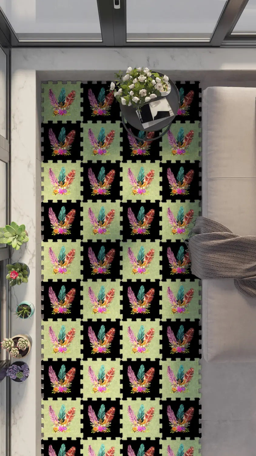 🪶 DECOZEYN Dama Desenli Çok Renkli Tüy Motifi Baskılı Puzzle Yapboz Zemin Halısı! Siyah, Yeşil ve Fuşya Mutfak, Balkon ve Oturma Odası Decozeyn