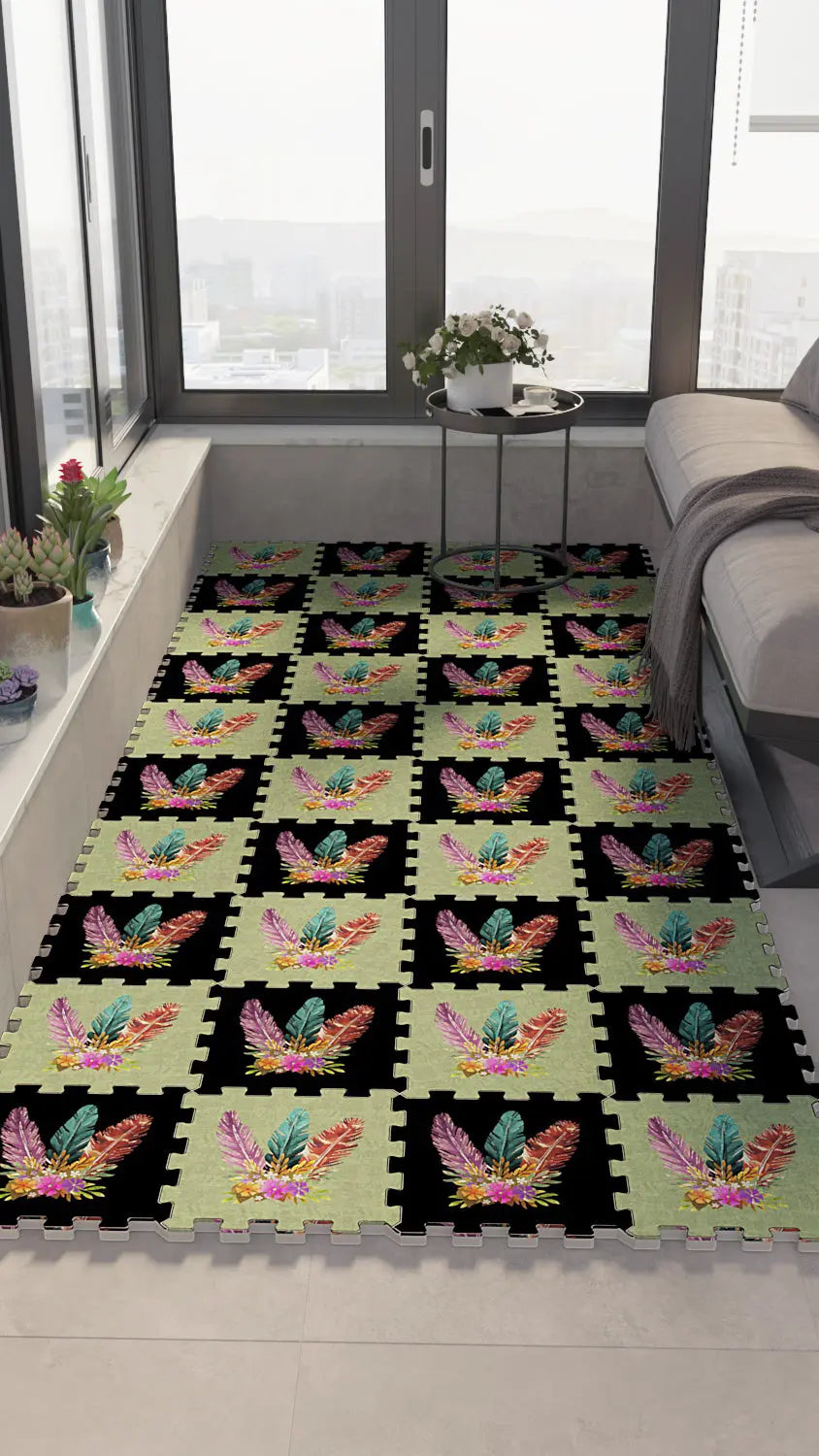 🪶 DECOZEYN Dama Desenli Çok Renkli Tüy Motifi Baskılı Puzzle Yapboz Zemin Halısı! Siyah, Yeşil ve Fuşya Mutfak, Balkon ve Oturma Odası Decozeyn
