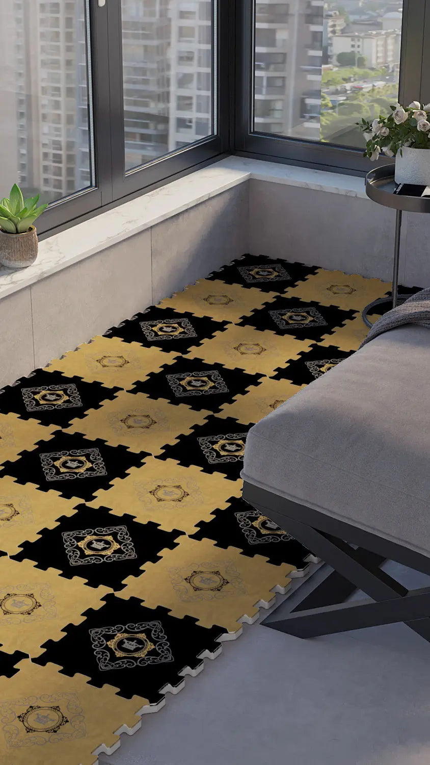 👑 DECOZEYN Dama Desenli Taç ve Barok Motifli Baskılı Puzzle Yapboz Zemin Halısı! Siyah ve Altın Sarısı Mutfak, Balkon ve Oturma Odası Decozeyn