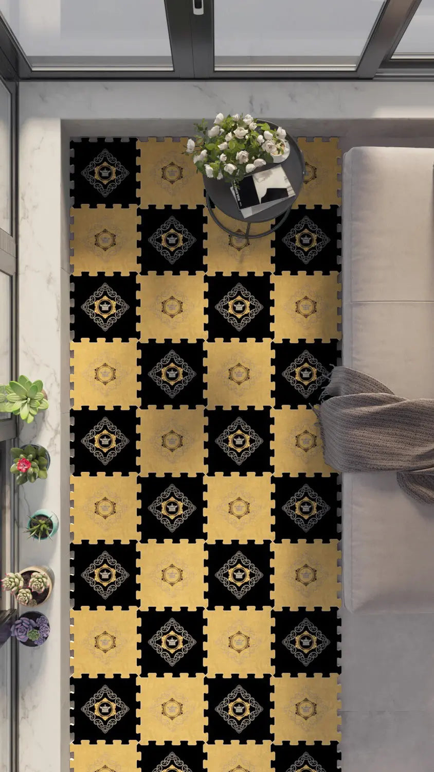 👑 DECOZEYN Dama Desenli Taç ve Barok Motifli Baskılı Puzzle Yapboz Zemin Halısı! Siyah ve Altın Sarısı Mutfak, Balkon ve Oturma Odası Decozeyn