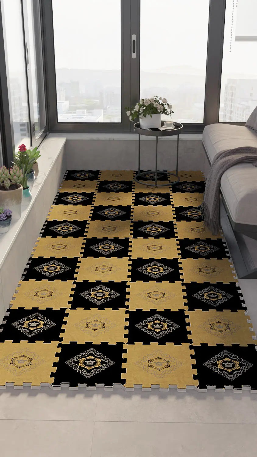 👑 DECOZEYN Dama Desenli Taç ve Barok Motifli Baskılı Puzzle Yapboz Zemin Halısı! Siyah ve Altın Sarısı Mutfak, Balkon ve Oturma Odası Decozeyn