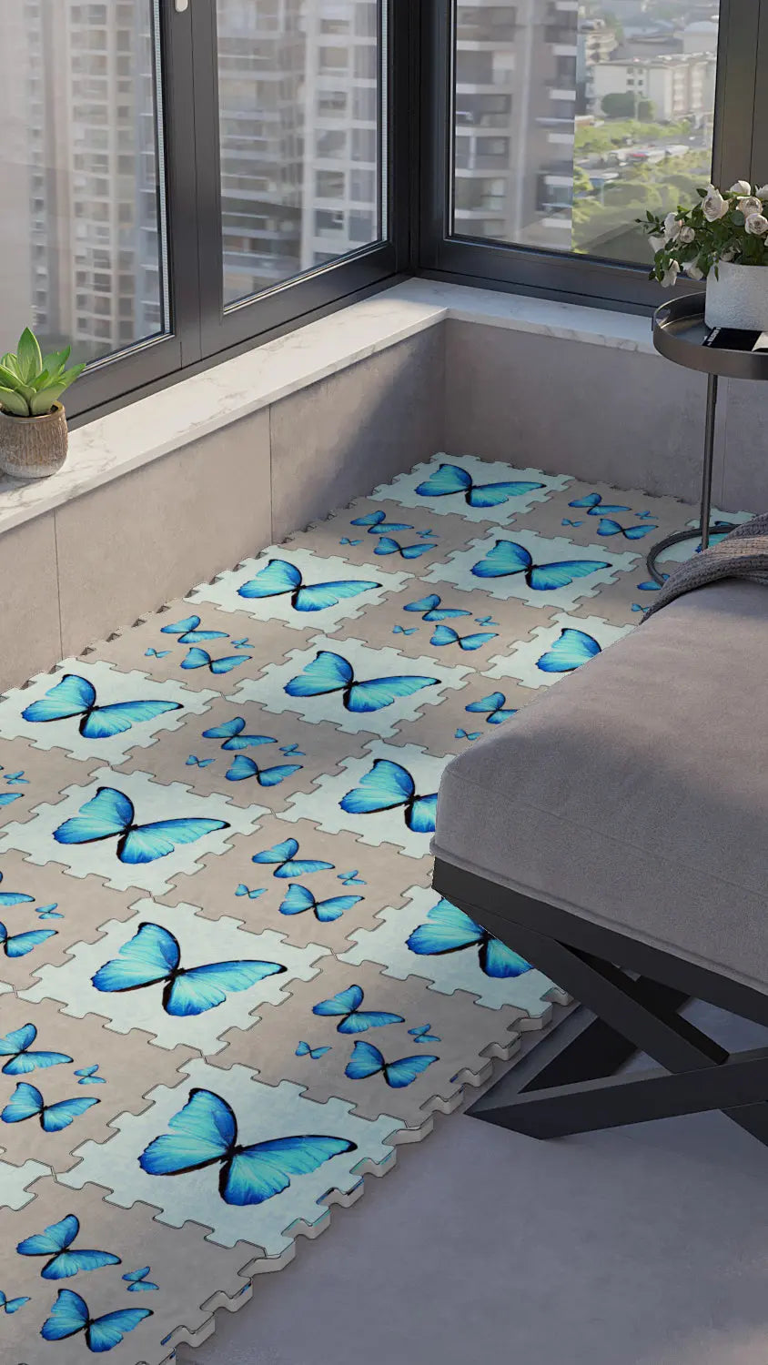 🦋 DECOZEYN Dama Desenli Mavi Kelebek Motifi Baskılı Puzzle Yapboz Zemin Halısı! Mavi, Bej ve Gri Mutfak, Balkon ve Oturma Odası Decozeyn