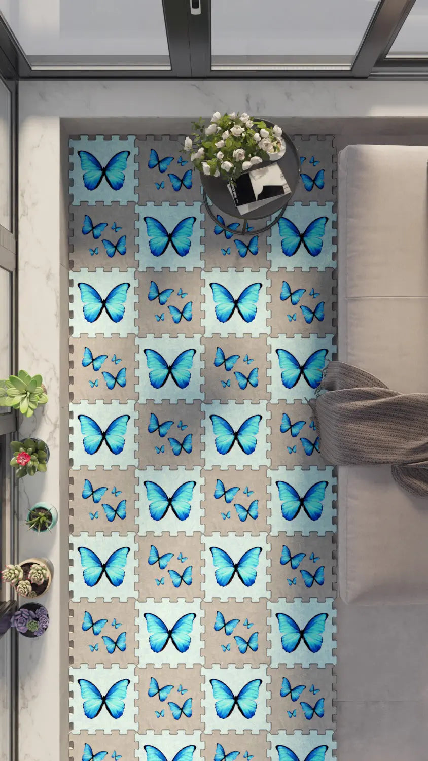 🦋 DECOZEYN Dama Desenli Mavi Kelebek Motifi Baskılı Puzzle Yapboz Zemin Halısı! Mavi, Bej ve Gri Mutfak, Balkon ve Oturma Odası Decozeyn