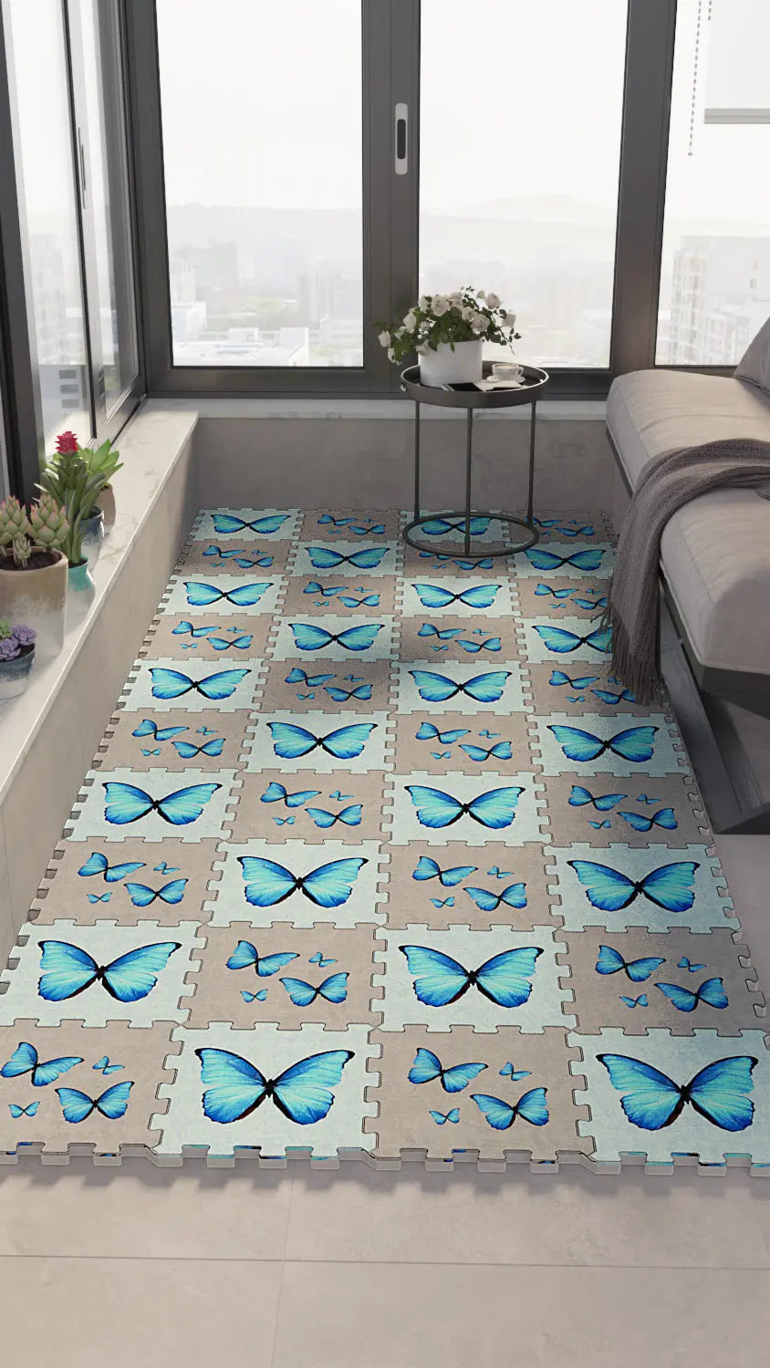 🦋 DECOZEYN Dama Desenli Mavi Kelebek Motifi Baskılı Puzzle Yapboz Zemin Halısı! Mavi, Bej ve Gri Mutfak, Balkon ve Oturma Odası Decozeyn