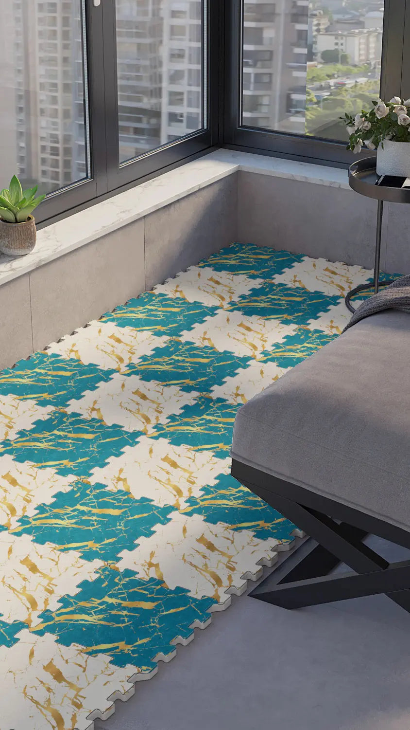 💎 DECOZEYN Dama Desenli Altın Damarlı Mermer Görünümlü Baskılı Puzzle Yapboz Zemin Halısı! Turkuaz, Beyaz ve Altın Sarısı Mutfak, Balkon ve Oturma Odası Decozeyn