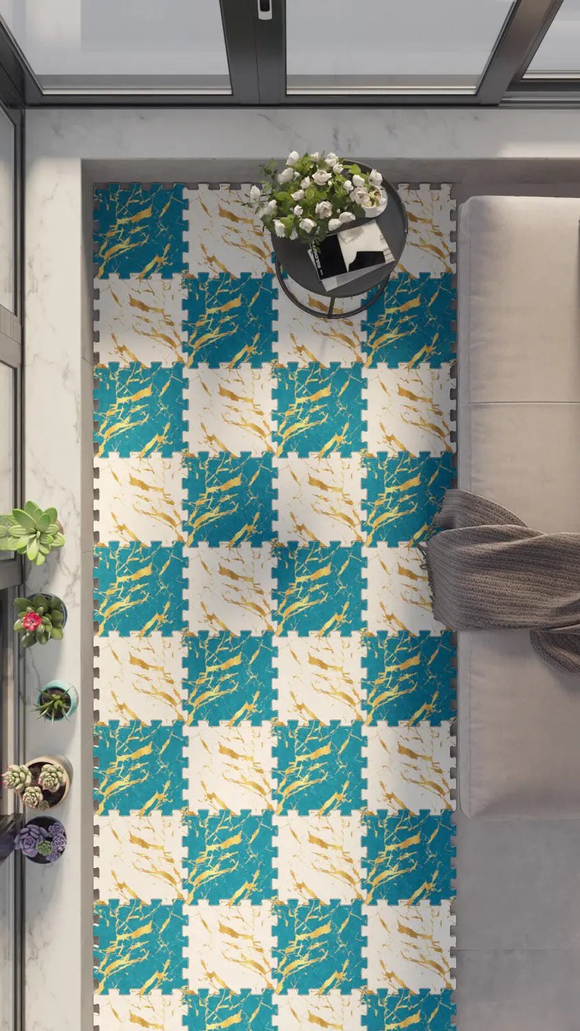 💎 DECOZEYN Dama Desenli Altın Damarlı Mermer Görünümlü Baskılı Puzzle Yapboz Zemin Halısı! Turkuaz, Beyaz ve Altın Sarısı Mutfak, Balkon ve Oturma Odası Decozeyn