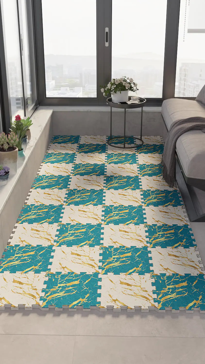 💎 DECOZEYN Dama Desenli Altın Damarlı Mermer Görünümlü Baskılı Puzzle Yapboz Zemin Halısı! Turkuaz, Beyaz ve Altın Sarısı Mutfak, Balkon ve Oturma Odası Decozeyn