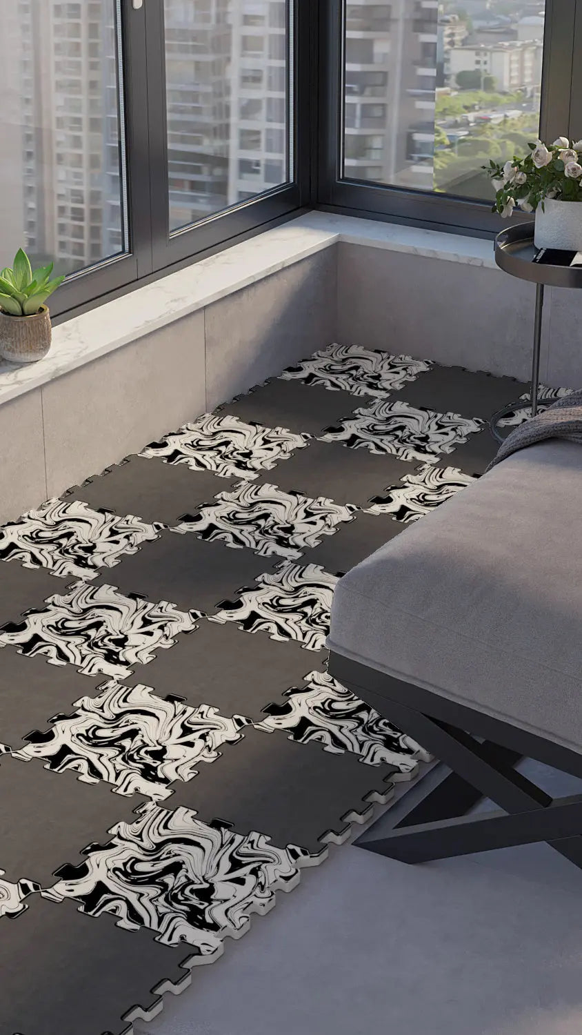 ⚫ DECOZEYN Dama Desenli Ebru Sanatı Görünümlü Baskılı Puzzle Yapboz Zemin Halısı! Füme, Siyah ve Beyaz Mutfak, Balkon ve Oturma Odası Decozeyn