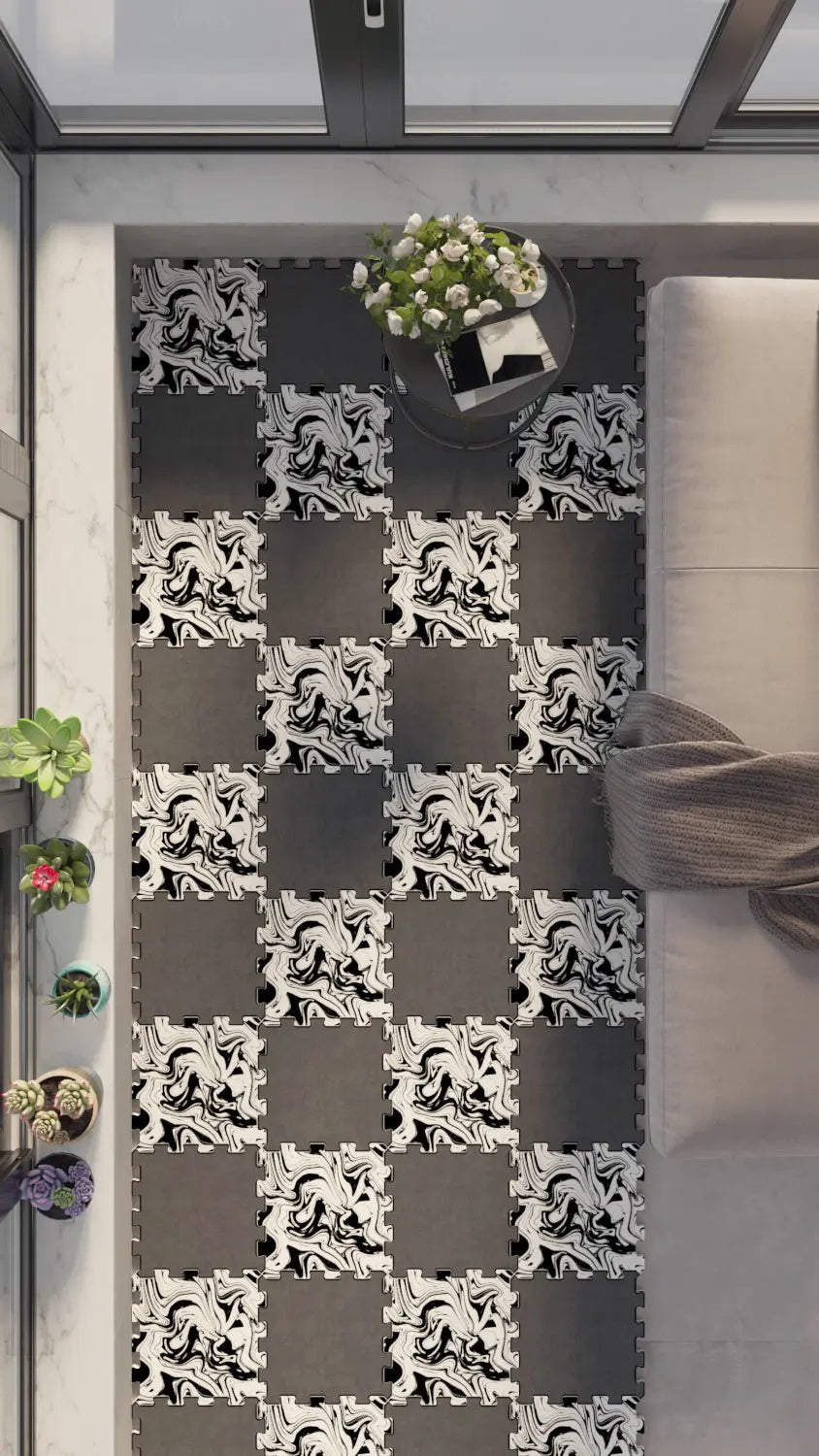 ⚫ DECOZEYN Dama Desenli Ebru Sanatı Görünümlü Baskılı Puzzle Yapboz Zemin Halısı! Füme, Siyah ve Beyaz Mutfak, Balkon ve Oturma Odası Decozeyn