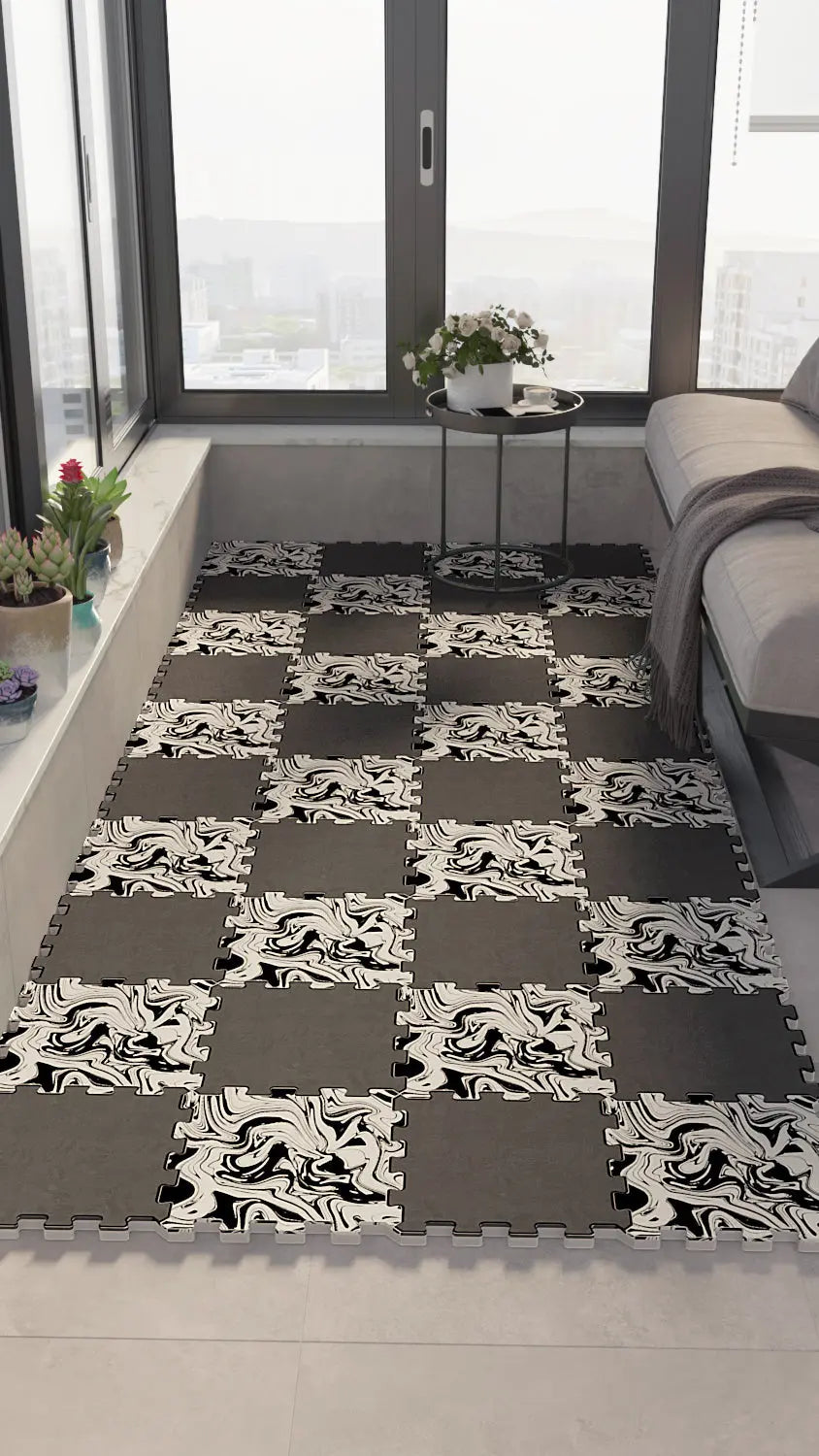 ⚫ DECOZEYN Dama Desenli Ebru Sanatı Görünümlü Baskılı Puzzle Yapboz Zemin Halısı! Füme, Siyah ve Beyaz Mutfak, Balkon ve Oturma Odası Decozeyn