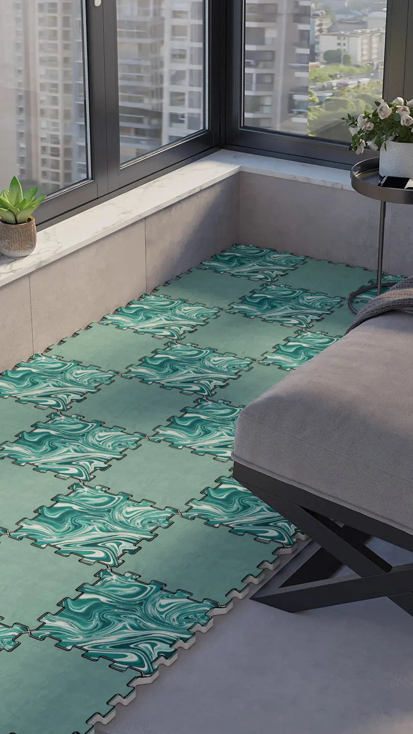 🟢 DECOZEYN Dama Desenli Nane Yeşili ve Ebru Sanatı Görünümlü Baskılı Puzzle Yapboz Zemin Halısı! Turkuaz, Yeşil ve Beyaz Mutfak, Balkon ve Oturma Odası Decozeyn