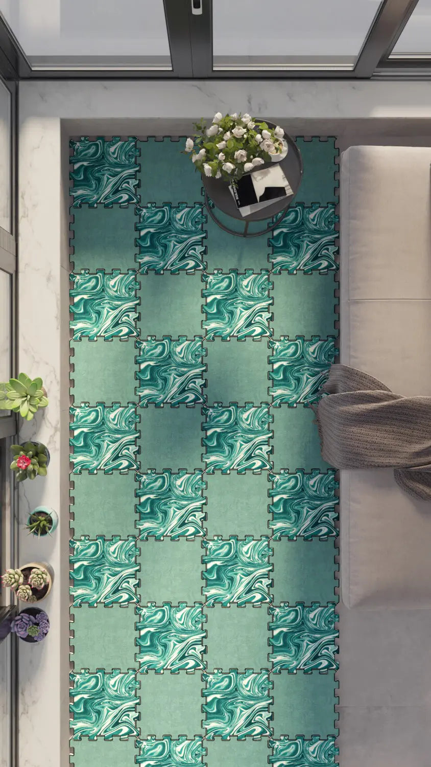 🟢 DECOZEYN Dama Desenli Nane Yeşili ve Ebru Sanatı Görünümlü Baskılı Puzzle Yapboz Zemin Halısı! Turkuaz, Yeşil ve Beyaz Mutfak, Balkon ve Oturma Odası Decozeyn