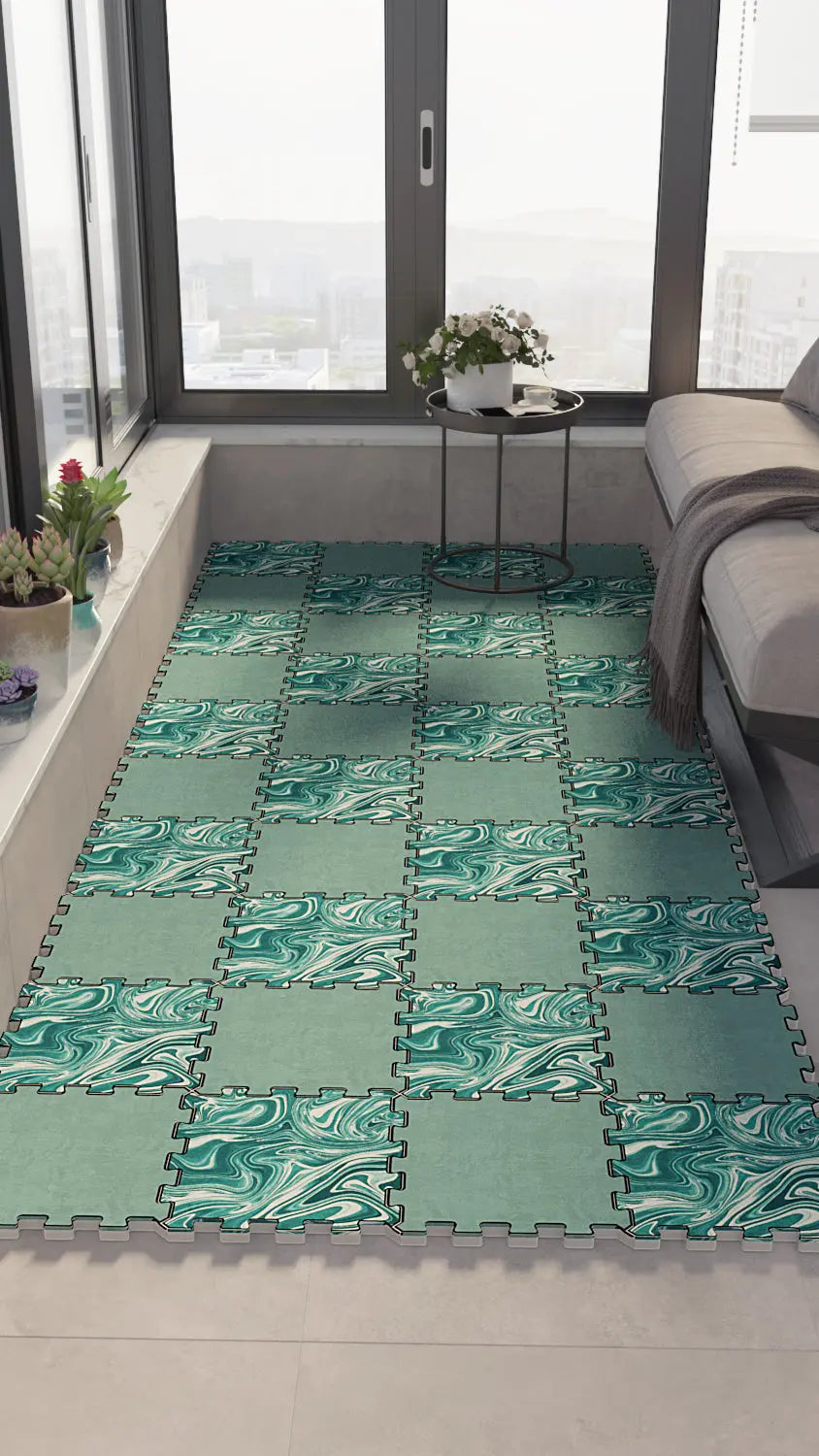 🟢 DECOZEYN Dama Desenli Nane Yeşili ve Ebru Sanatı Görünümlü Baskılı Puzzle Yapboz Zemin Halısı! Turkuaz, Yeşil ve Beyaz Mutfak, Balkon ve Oturma Odası Decozeyn