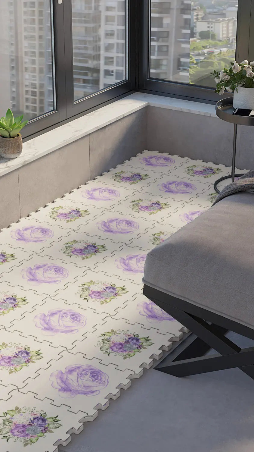 🌸 DECOZEYN Sulu Boya Gül ve Çiçek Desenli Baskılı Puzzle Zemin Halısı! Mor, Yeşil ve Krem Mutfak, Balkon ve Oturma Odası Decozeyn