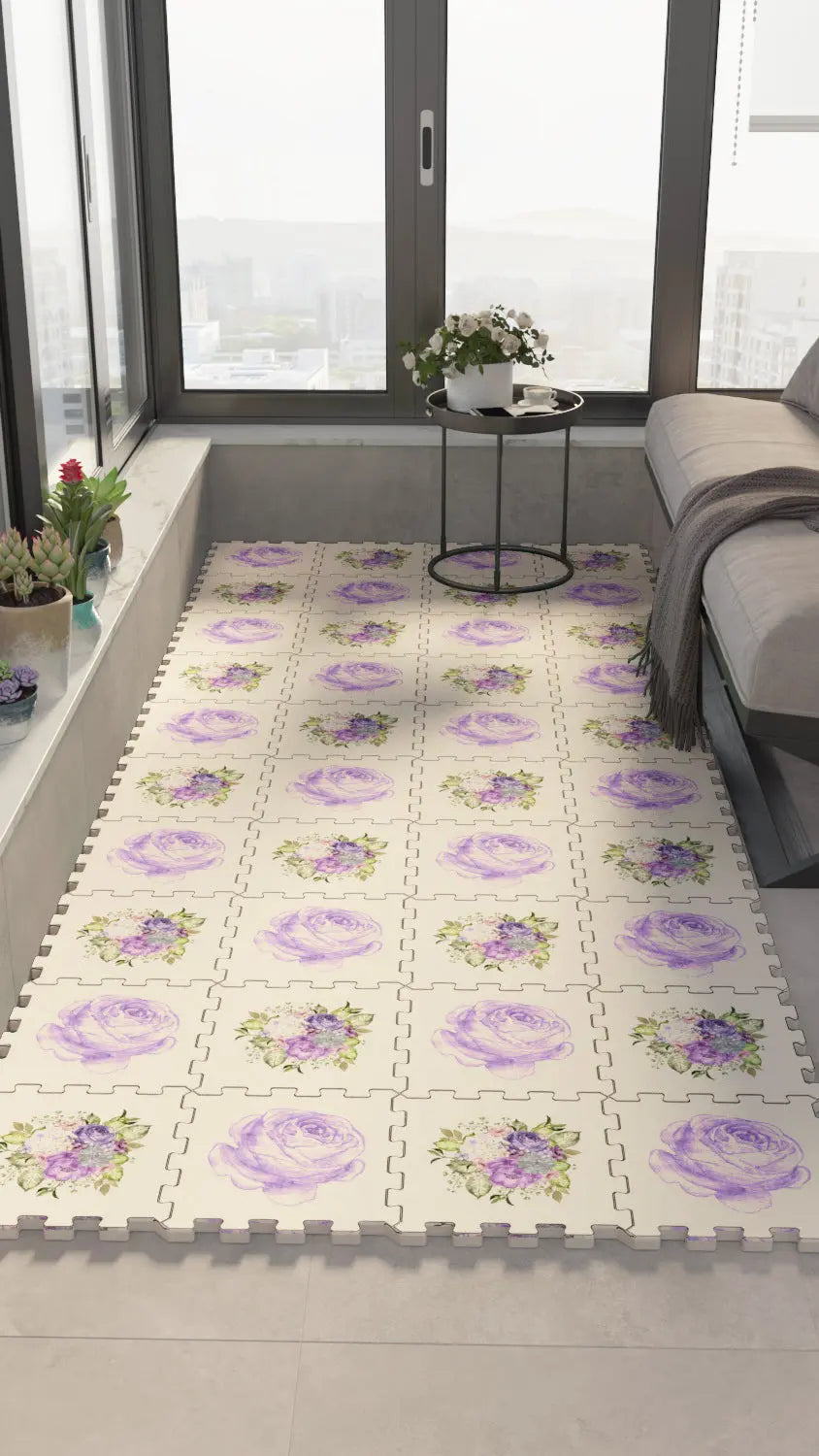 🌸 DECOZEYN Sulu Boya Gül ve Çiçek Desenli Baskılı Puzzle Zemin Halısı! Mor, Yeşil ve Krem Mutfak, Balkon ve Oturma Odası Decozeyn