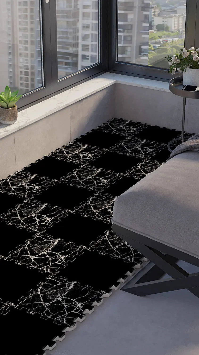 ⚫ DECOZEYN Dama Desenli Siyah Beyaz Mermer Çatlak Deseni Baskılı Puzzle Yapboz Zemin Halısı! Siyah ve Beyaz Mutfak, Balkon ve Oturma Odası Decozeyn