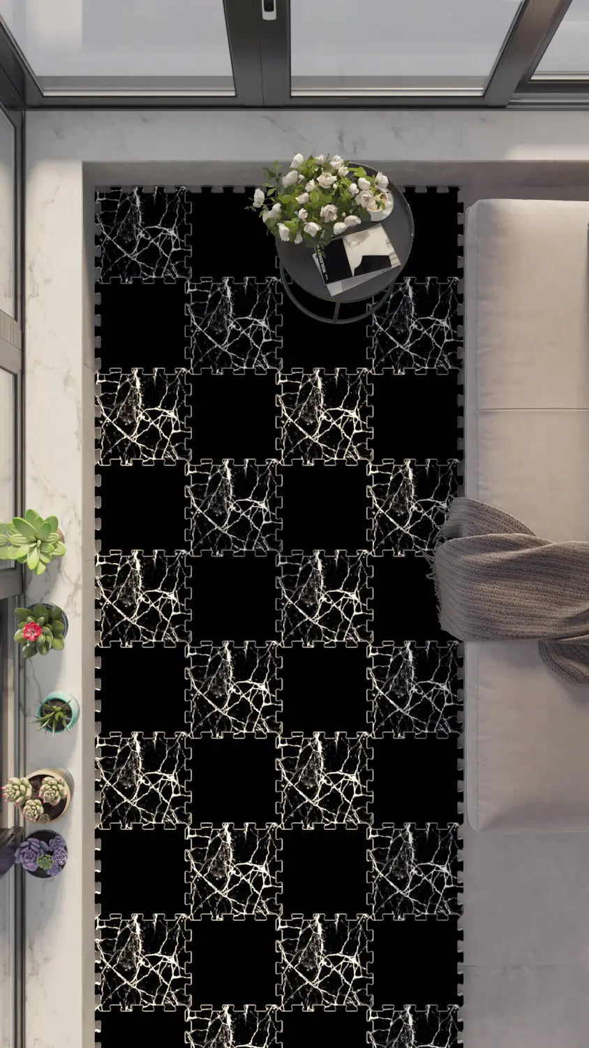 ⚫ DECOZEYN Dama Desenli Siyah Beyaz Mermer Çatlak Deseni Baskılı Puzzle Yapboz Zemin Halısı! Siyah ve Beyaz Mutfak, Balkon ve Oturma Odası Decozeyn