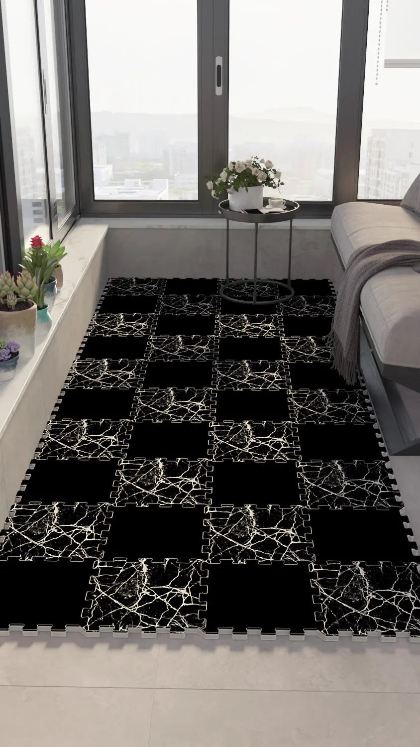 ⚫ DECOZEYN Dama Desenli Siyah Beyaz Mermer Çatlak Deseni Baskılı Puzzle Yapboz Zemin Halısı! Siyah ve Beyaz Mutfak, Balkon ve Oturma Odası Decozeyn