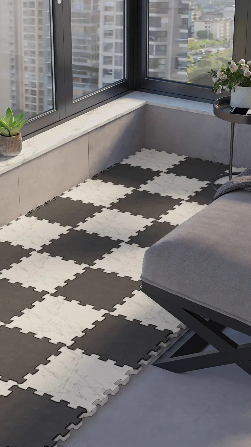 ⬜⬛ DECOZEYN Klasik Dama Desenli Füme ve Beyaz Mermer Görünümlü Baskılı Puzzle Yapboz Zemin Halısı! Mutfak, Balkon ve Oturma Odası Decozeyn