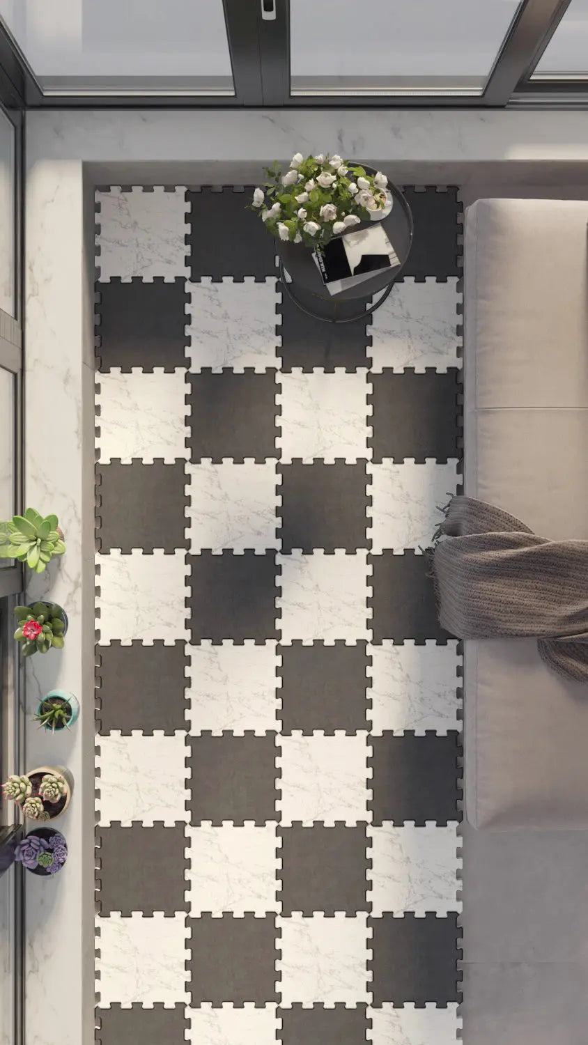 ⬜⬛ DECOZEYN Klasik Dama Desenli Füme ve Beyaz Mermer Görünümlü Baskılı Puzzle Yapboz Zemin Halısı! Mutfak, Balkon ve Oturma Odası Decozeyn