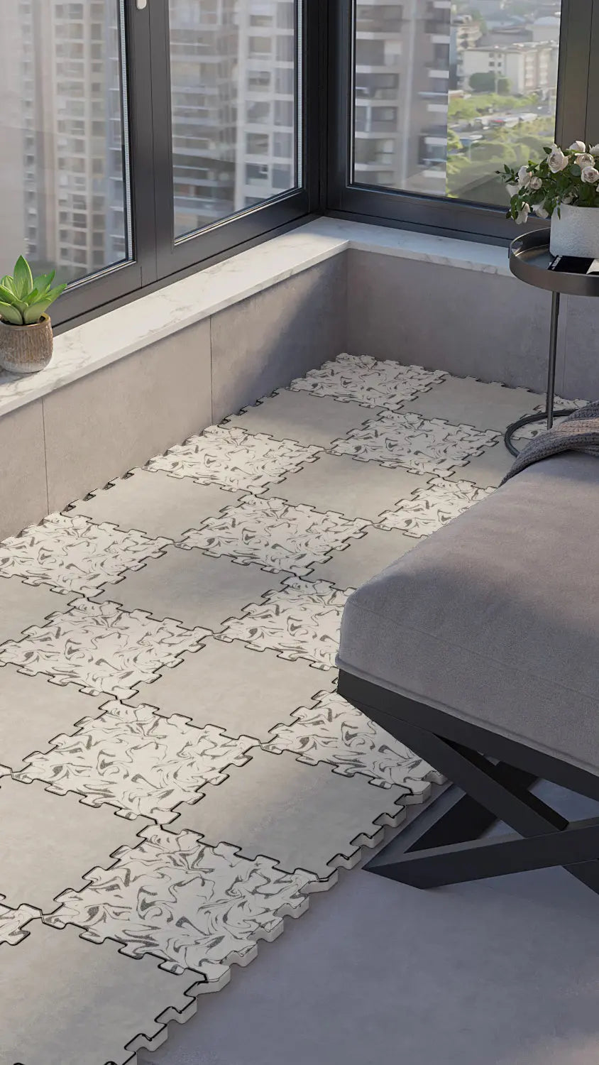 🔳 DECOZEYN Dama Desenli Lüks Mermer ve Ebru Sanatı Baskılı Puzzle Yapboz Zemin Halıları (Siyah, Beyaz ve Gri Tonları) Decozeyn