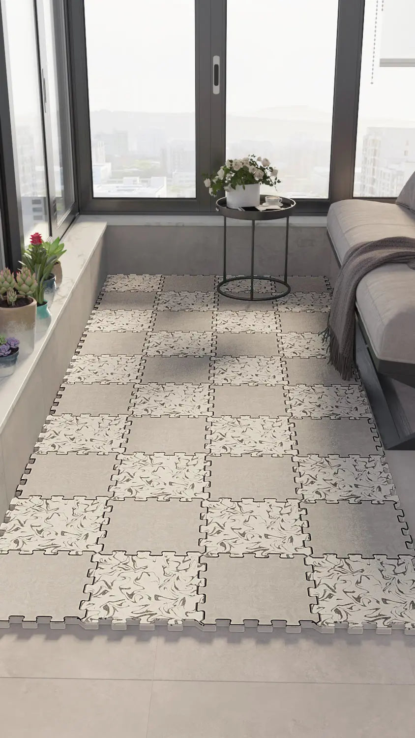 🔳 DECOZEYN Dama Desenli Lüks Mermer ve Ebru Sanatı Baskılı Puzzle Yapboz Zemin Halıları (Siyah, Beyaz ve Gri Tonları) Decozeyn