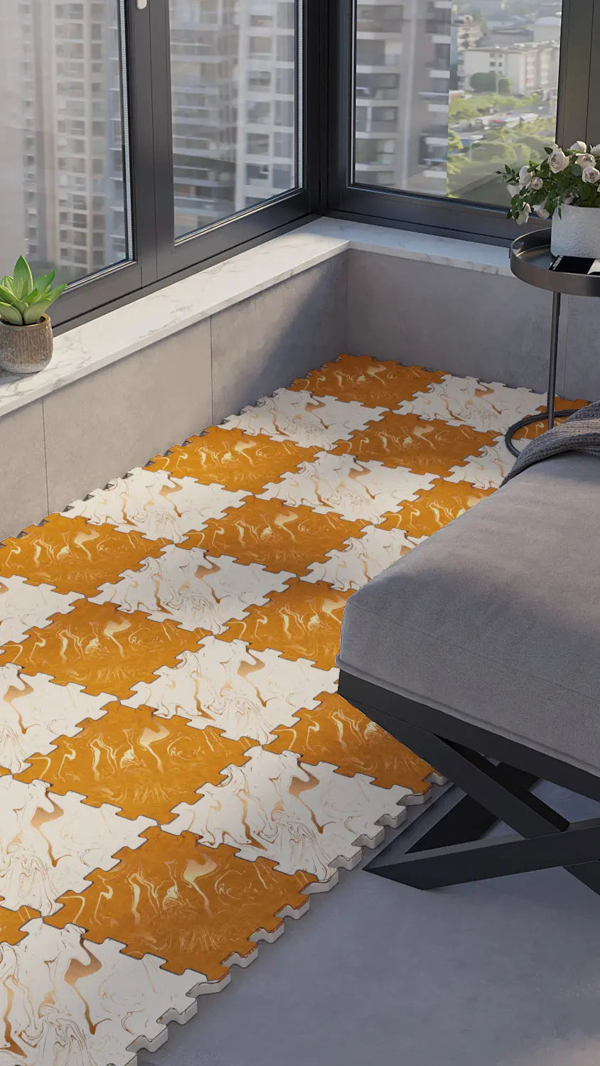 🟠 DECOZEYN Dama Desenli Turuncu ve Beyaz Ebru Sanatı Görünümlü Baskılı Puzzle Yapboz Zemin Halısı! Mutfak, Balkon ve Oturma Odası Decozeyn
