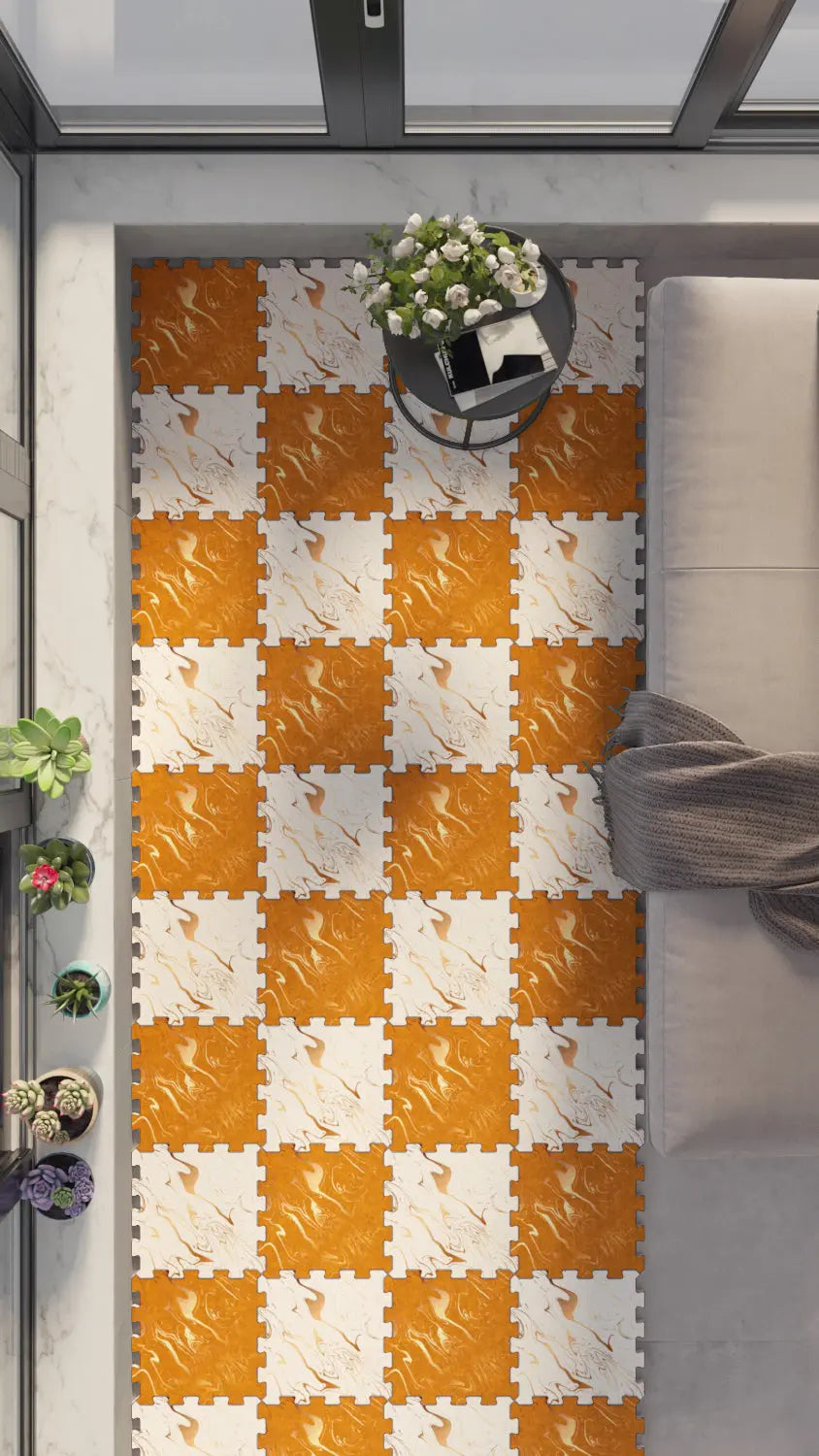 🟠 DECOZEYN Dama Desenli Turuncu ve Beyaz Ebru Sanatı Görünümlü Baskılı Puzzle Yapboz Zemin Halısı! Mutfak, Balkon ve Oturma Odası Decozeyn