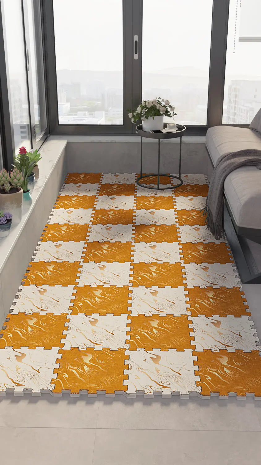 🟠 DECOZEYN Dama Desenli Turuncu ve Beyaz Ebru Sanatı Görünümlü Baskılı Puzzle Yapboz Zemin Halısı! Mutfak, Balkon ve Oturma Odası Decozeyn