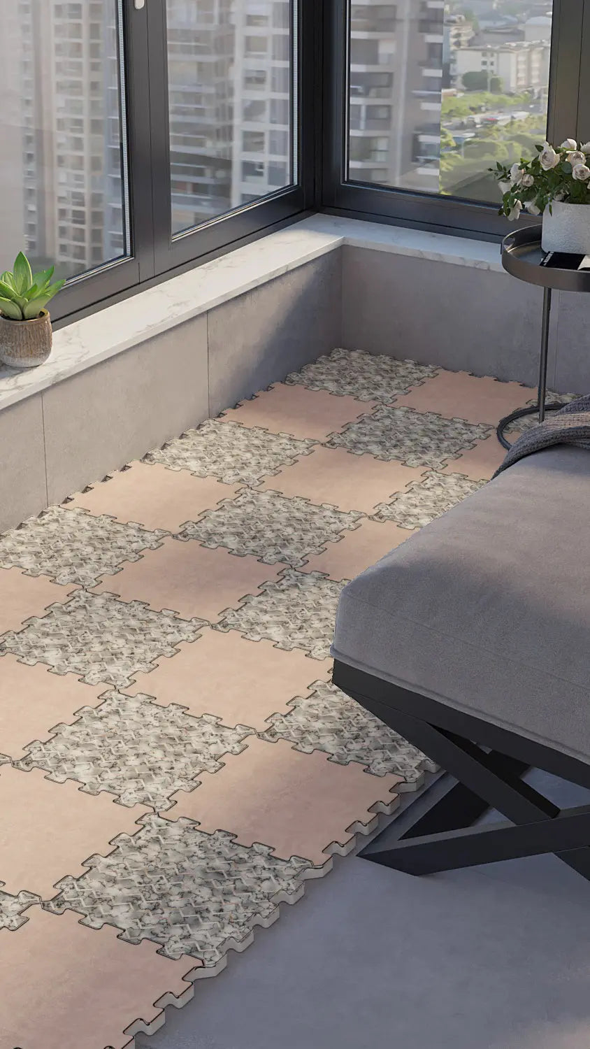 🪨 DECOZEYN Dama Desenli Bej ve Taş Dokulu Baskılı Puzzle Yapboz Zemin Halısı! Krem, Bej ve Gri Mutfak, Balkon ve Oturma Odası Decozeyn