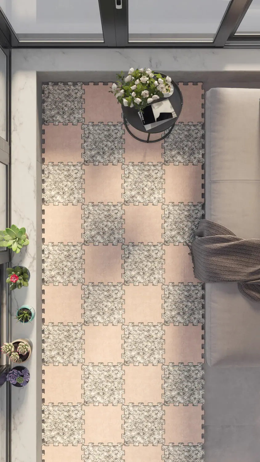 🪨 DECOZEYN Dama Desenli Bej ve Taş Dokulu Baskılı Puzzle Yapboz Zemin Halısı! Krem, Bej ve Gri Mutfak, Balkon ve Oturma Odası Decozeyn