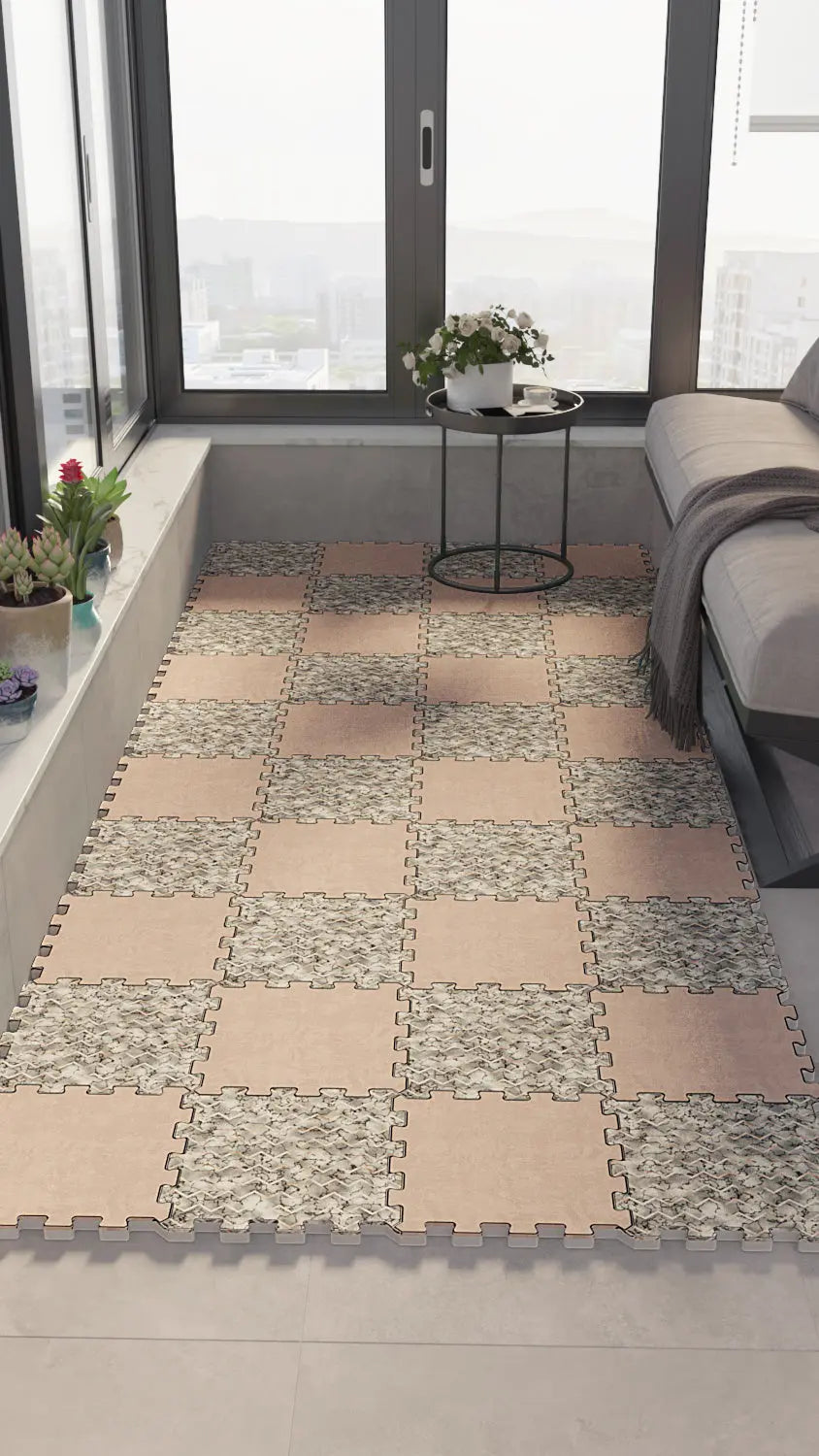 🪨 DECOZEYN Dama Desenli Bej ve Taş Dokulu Baskılı Puzzle Yapboz Zemin Halısı! Krem, Bej ve Gri Mutfak, Balkon ve Oturma Odası Decozeyn