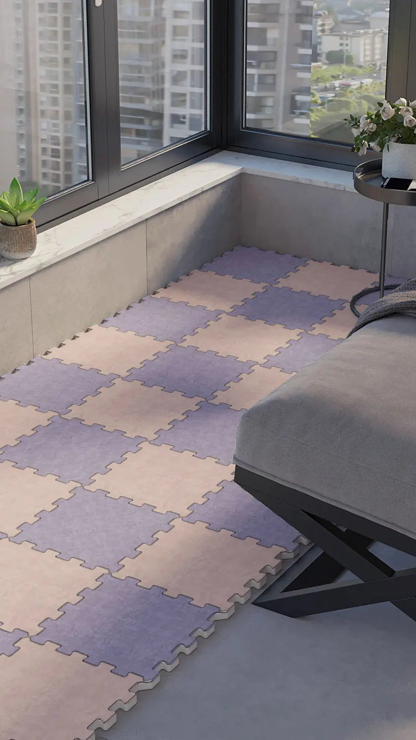 💜🩷 DECOZEYN Dama Desenli Düz Renk Baskılı Puzzle Yapboz Zemin Halısı! Lila ve Toz Pembe Mutfak, Balkon ve Oturma Odası Decozeyn