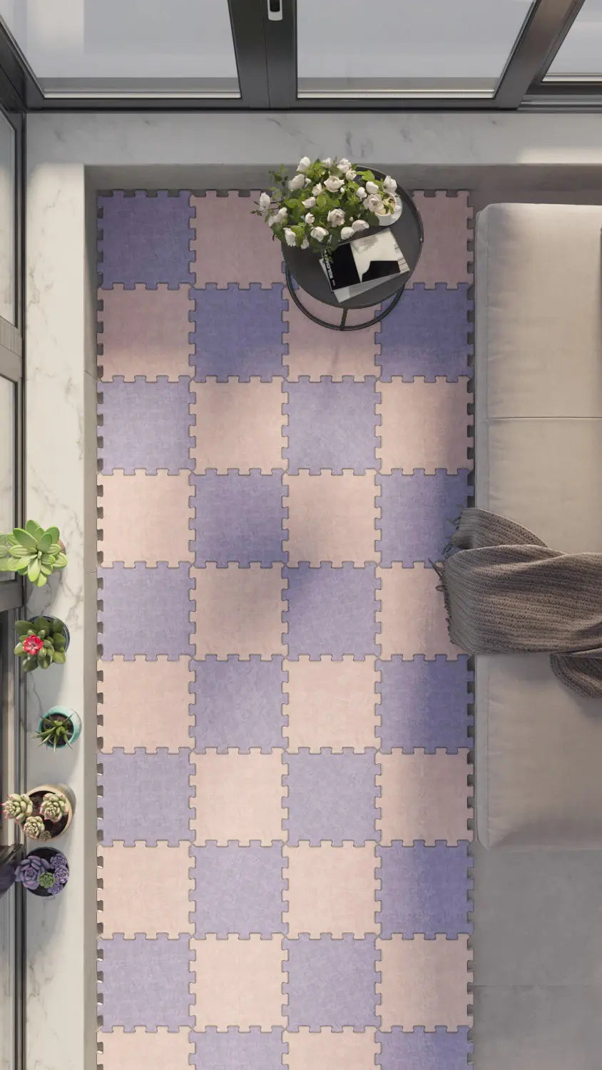 💜🩷 DECOZEYN Dama Desenli Düz Renk Baskılı Puzzle Yapboz Zemin Halısı! Lila ve Toz Pembe Mutfak, Balkon ve Oturma Odası Decozeyn