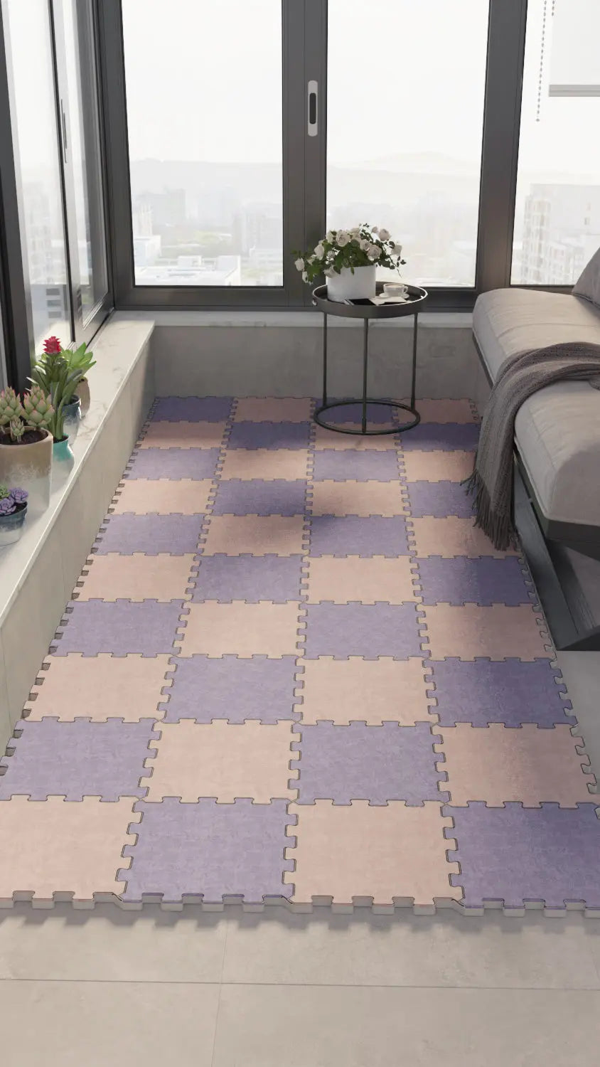 💜🩷 DECOZEYN Dama Desenli Düz Renk Baskılı Puzzle Yapboz Zemin Halısı! Lila ve Toz Pembe Mutfak, Balkon ve Oturma Odası Decozeyn