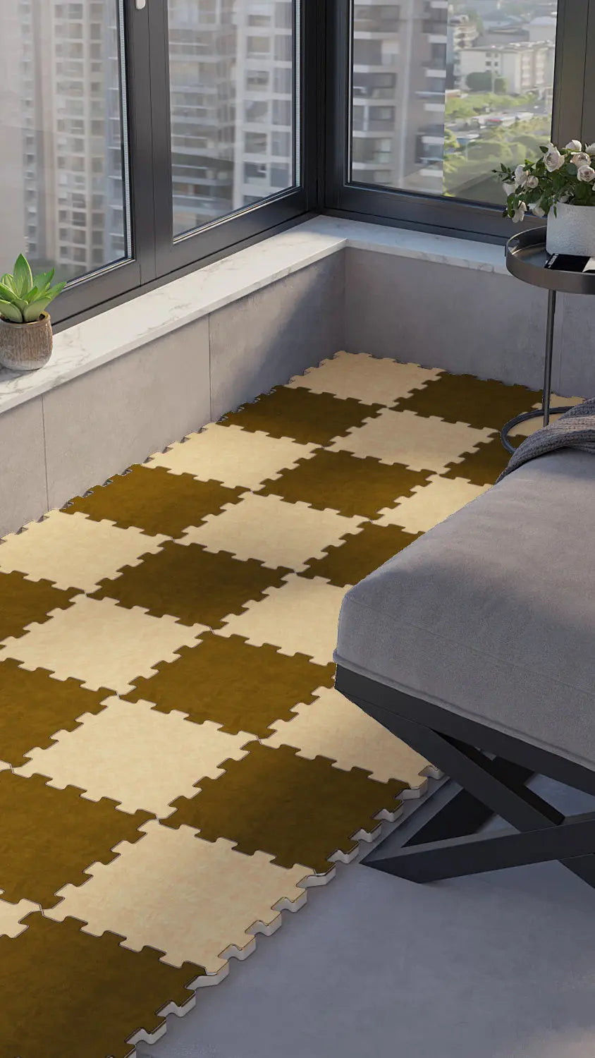 🟫 DECOZEYN Dama Desenli Düz Renk Baskılı Puzzle Yapboz Zemin Halısı! Haki/Kahve ve Bej Mutfak, Balkon ve Oturma Odası Decozeyn
