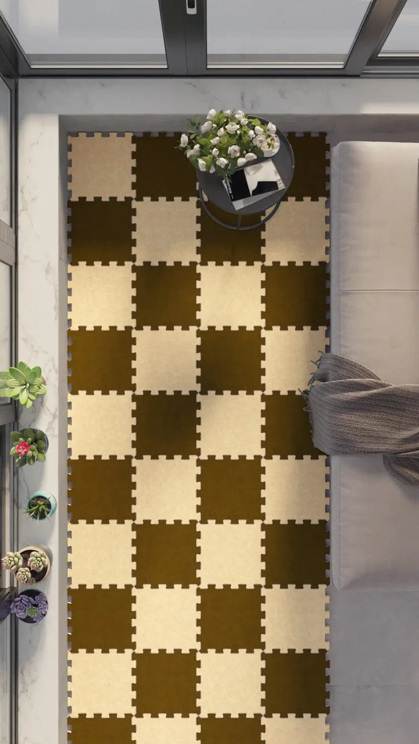 🟫 DECOZEYN Dama Desenli Düz Renk Baskılı Puzzle Yapboz Zemin Halısı! Haki/Kahve ve Bej Mutfak, Balkon ve Oturma Odası Decozeyn