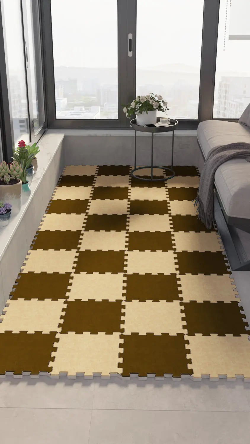 🟫 DECOZEYN Dama Desenli Düz Renk Baskılı Puzzle Yapboz Zemin Halısı! Haki/Kahve ve Bej Mutfak, Balkon ve Oturma Odası Decozeyn