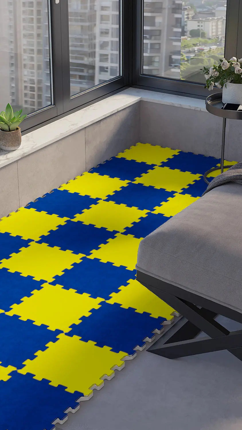 🟡🔵 DECOZEYN Dama Desenli Düz Renk Baskılı Puzzle Yapboz Zemin Halısı! Canlı Sarı ve Lacivert Mutfak, Balkon ve Oturma Odası Decozeyn