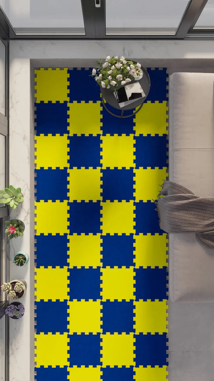 🟡🔵 DECOZEYN Dama Desenli Düz Renk Baskılı Puzzle Yapboz Zemin Halısı! Canlı Sarı ve Lacivert Mutfak, Balkon ve Oturma Odası Decozeyn