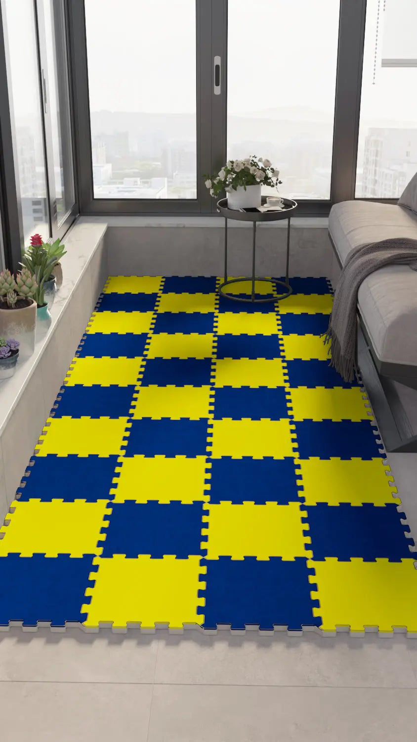 🟡🔵 DECOZEYN Dama Desenli Düz Renk Baskılı Puzzle Yapboz Zemin Halısı! Canlı Sarı ve Lacivert Mutfak, Balkon ve Oturma Odası Decozeyn