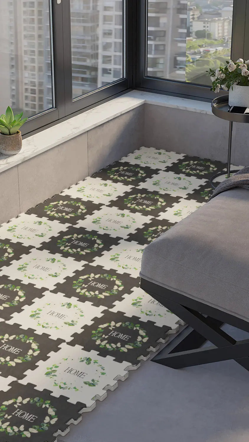 🏡 DECOZEYN Yaprak Çelengi ve "HOME" Yazılı Baskılı Puzzle Zemin Halısı! Gri, Beyaz ve Yeşil Mutfak, Balkon ve Oturma Odası Decozeyn