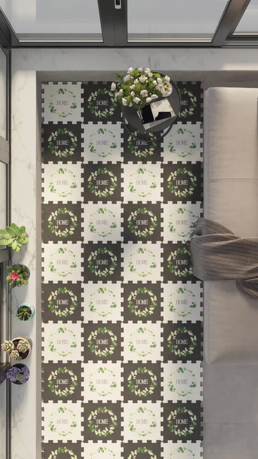 🏡 DECOZEYN Yaprak Çelengi ve "HOME" Yazılı Baskılı Puzzle Zemin Halısı! Gri, Beyaz ve Yeşil Mutfak, Balkon ve Oturma Odası Decozeyn