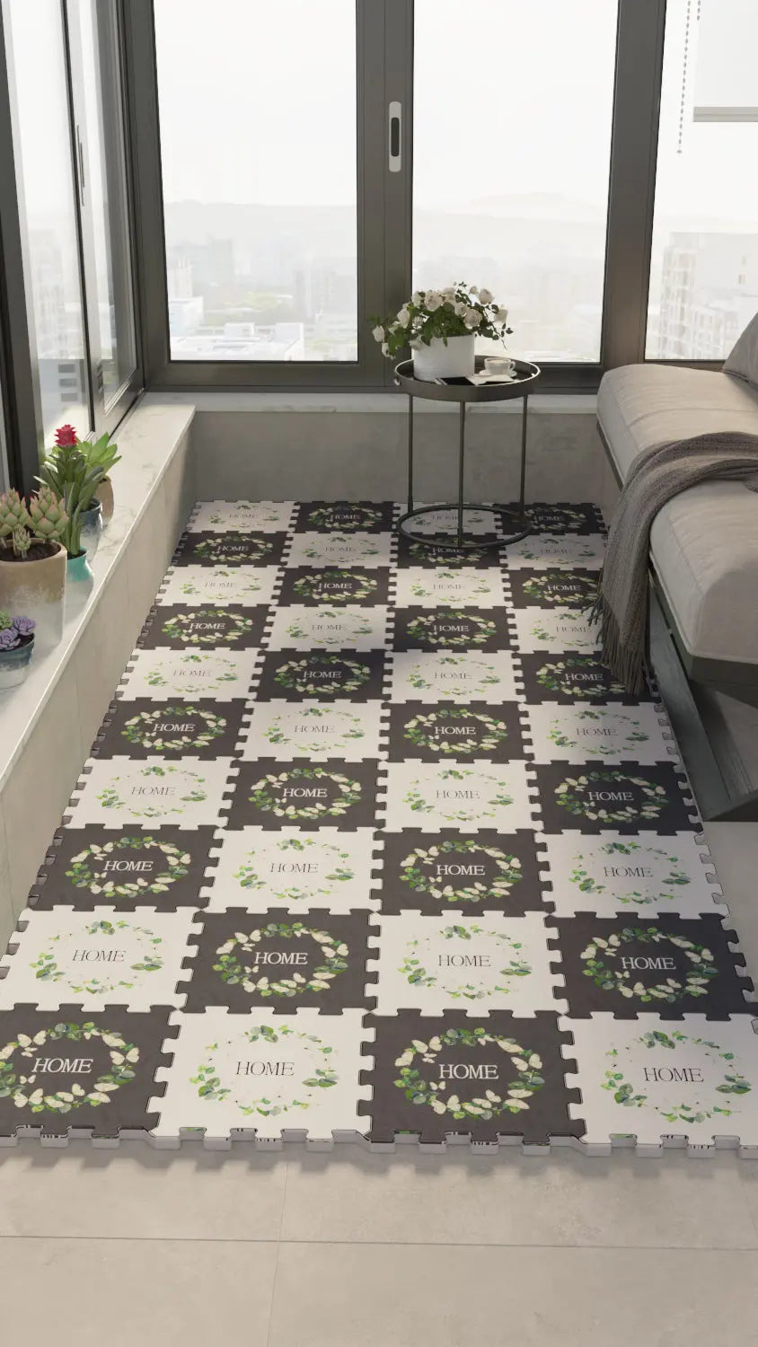 🏡 DECOZEYN Yaprak Çelengi ve "HOME" Yazılı Baskılı Puzzle Zemin Halısı! Gri, Beyaz ve Yeşil Mutfak, Balkon ve Oturma Odası Decozeyn