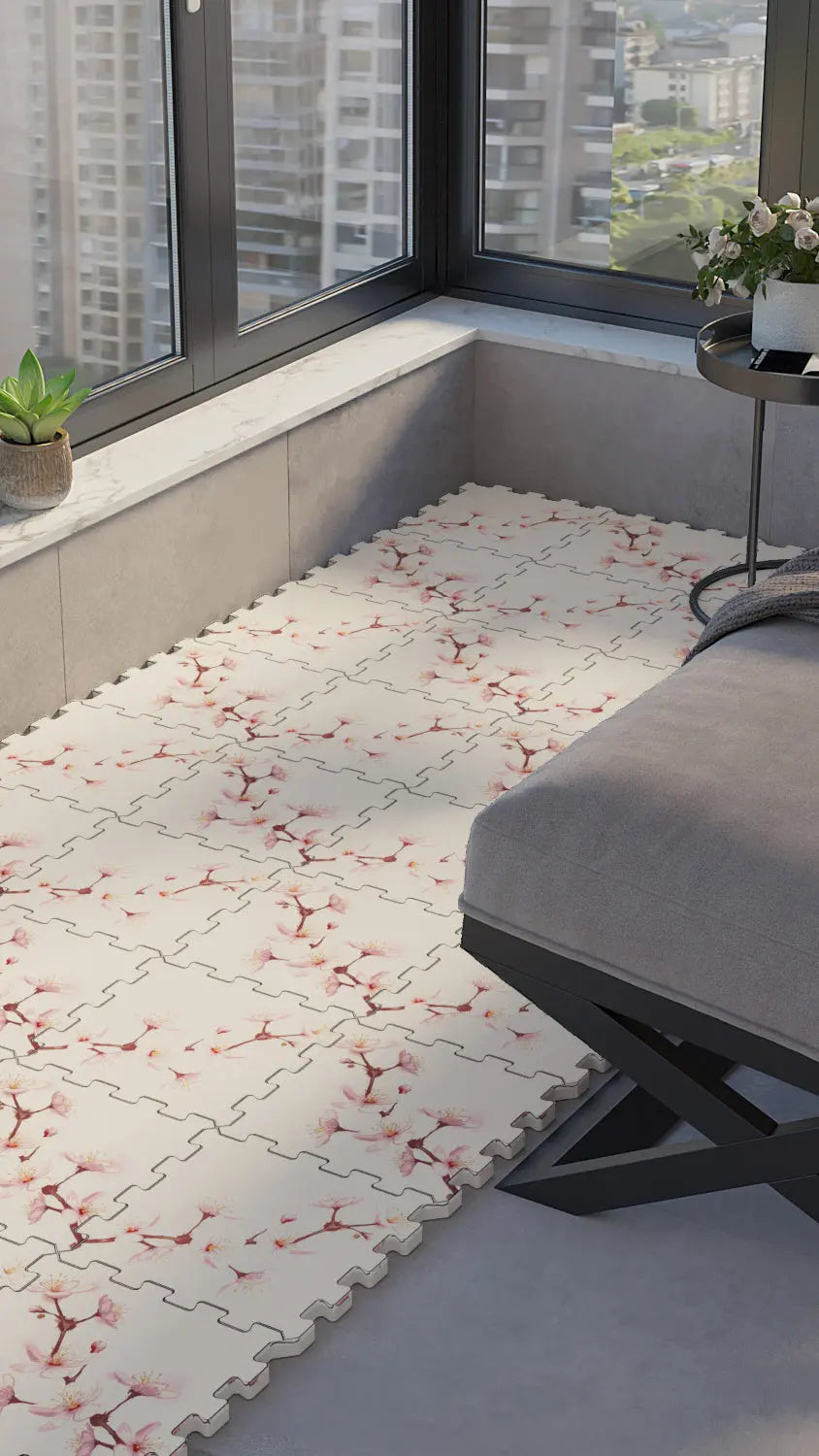 🌸 DECOZEYN Kiraz Çiçeği Desenli Baskılı Puzzle Zemin Halısı! Toz Pembe, Gül Kurusu ve Krem Mutfak, Balkon ve Oturma Odası Decozeyn