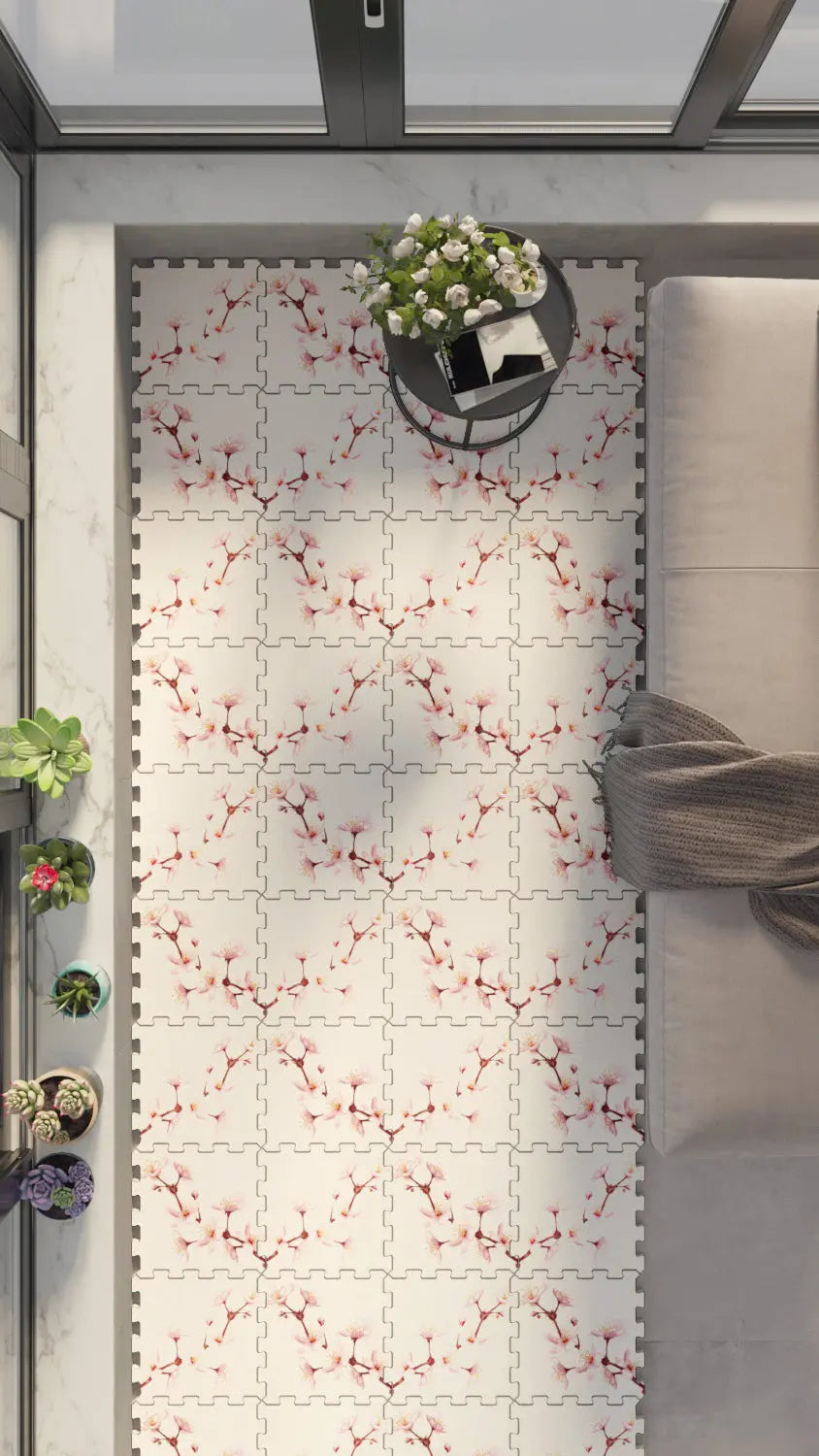 🌸 DECOZEYN Kiraz Çiçeği Desenli Baskılı Puzzle Zemin Halısı! Toz Pembe, Gül Kurusu ve Krem Mutfak, Balkon ve Oturma Odası Decozeyn