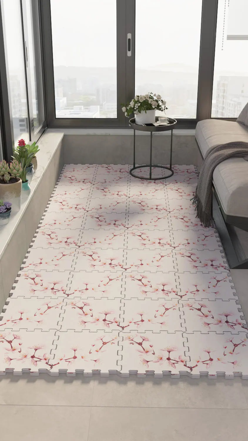 🌸 DECOZEYN Kiraz Çiçeği Desenli Baskılı Puzzle Zemin Halısı! Toz Pembe, Gül Kurusu ve Krem Mutfak, Balkon ve Oturma Odası Decozeyn