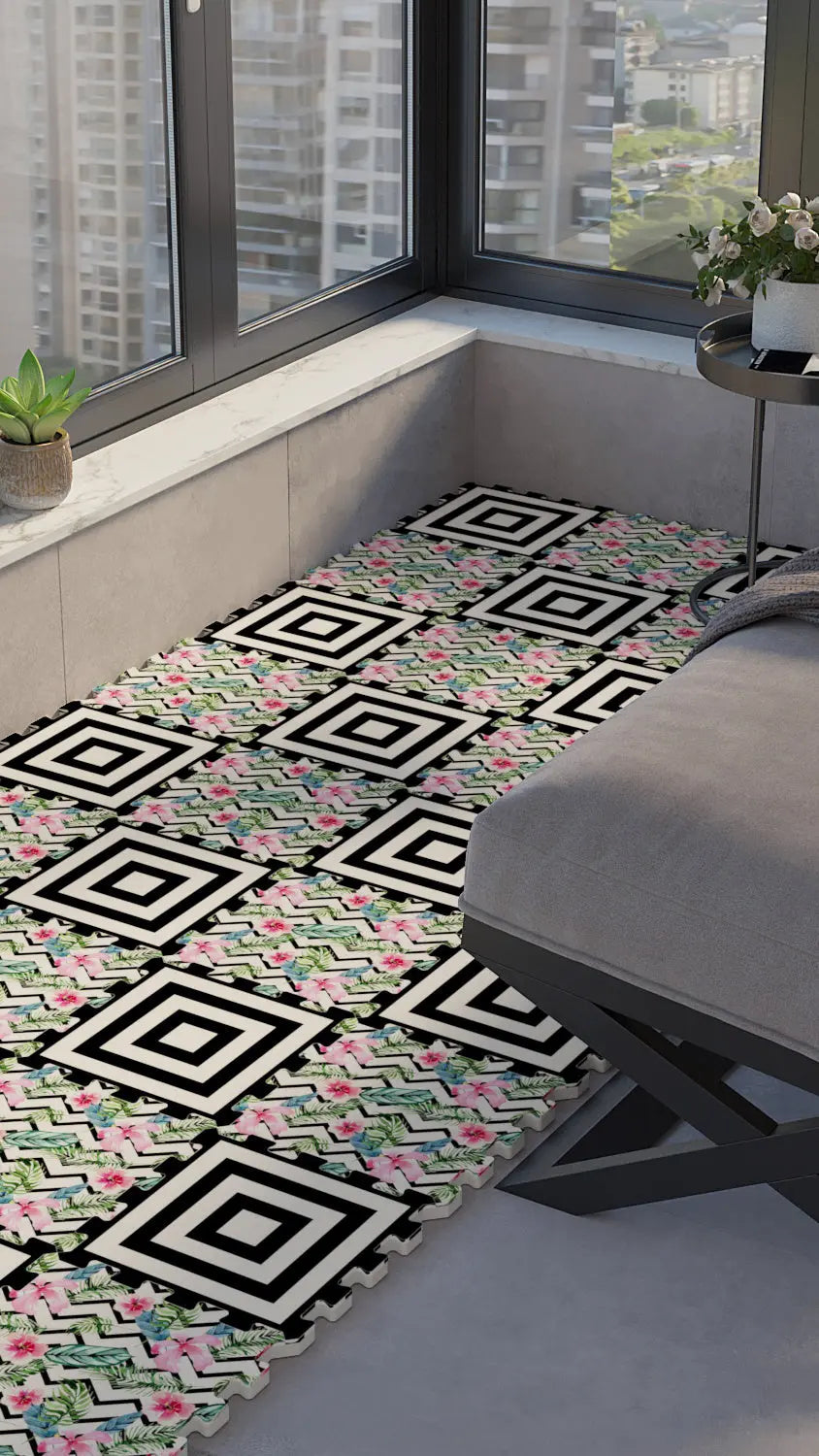 🔳 DECOZEYN Geometrik Kare ve Çiçekli Zigzag Desenli Baskılı Puzzle Zemin Halısı! Siyah, Beyaz, Pembe ve Yeşil Mutfak, Balkon ve Oturma Odası Decozeyn