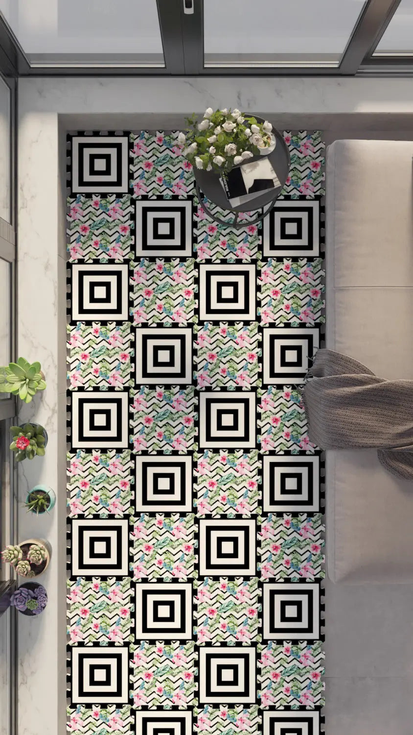 🔳 DECOZEYN Geometrik Kare ve Çiçekli Zigzag Desenli Baskılı Puzzle Zemin Halısı! Siyah, Beyaz, Pembe ve Yeşil Mutfak, Balkon ve Oturma Odası Decozeyn